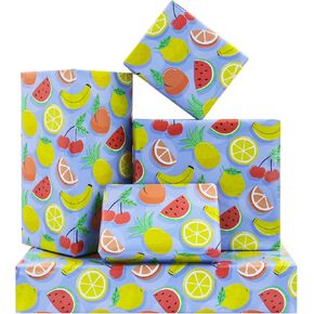 Watermelon Cherries Lemon Orange Slices Citrus Banana Pineapple Fruit Wrapping Paper-(28"x20" Per Sheet, 4-Sheets, 1-Designs: 15 sq. ft. ttl), for Kids Birthday Summer Wedding Baby Showers Holiday Party Decorations