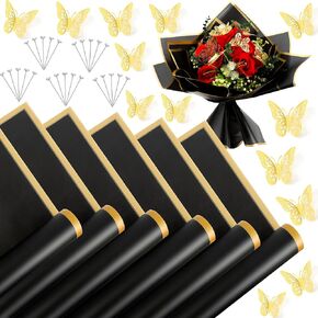 Flower Wrapping Paper, 20 Sheets Bouquet Wrapping Paper With 12 Pcs Butterfly Decorations and 25 Pcs Flower Diamond Pins, Black Wrapping Paper, Black Wrapping Paper for Gifts, Flower Paper Wrap