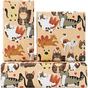 Cat Wrapping Paper for Girls Boys Kids, Adorable Cat Kitten Kitty Design Birthday Wrap Paper, 4 Sheets Folded Flat 20 x 28inch Gift Wrap Paper for Birthday Baby Shower Cat Party
