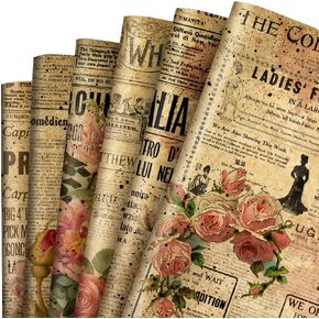 JarThenaAMCS 12 Sheets Vintage Wrapping Paper - Not Roll - Rose Floral Old Newspaper Style Gift Wrap Paper Folded Flat Retro Art Paper for DIY Crafts, 19.7 x 27.6 Inch
