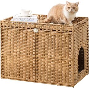 Cat Litter Box Enclosure Furniture, Hidden Litter Box, Cat Litter Box Cabinet with Cat Litter Mat, Handwoven Rattan Large Space Cat House, Indoor for Living Room, Bedroom, Apartment Natural