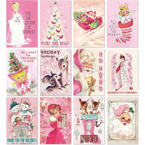 AnyDesign 36Pcs Christmas Greeting Cards 12 Designs Vintage Pink Note Cards with White Envelopes and Adhesive Stickers Xmas Blank Gift Card for Christmas Holiday Birthday Supplies, 4 x 6 Inch