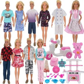 EuTengHao 34Pcs Doll Clothes and Accessories for 12 Inch Boy and Girl Dolls Chef Kitchen Playset Includes 18 Wear Clothes Stove Pots Motorcycle Bear Turtle Backpack Umbrella for 12 Inch Doll