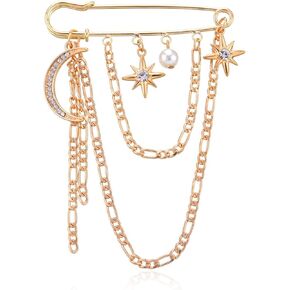 Vintage Safety Pins Brooch for Clothes Layered Chain Tassel Brooch Pins Stylish Dress Decorative Pins for Lapel Suit, Sweater, Hat, Scarf, Shawl Cute Y2k Grunge Punk Paper Clips Pins for Women Men (Gold Moon)