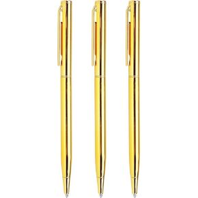 3 Pack Slim Ballpoint Pens Black ink Medium Point 1.0 mm Writting Pen, Great Gift for Wedding Business Office Students Teachers Christmas (Gold)