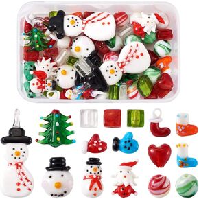 KISSITTY 55pcs/Box Lampwork Glass Beads Mixed Christmas Theme Snowman Christmas Tree Crystal Beads for Jewelry Making Christmas Decoration