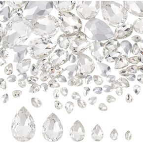 FINGERINSPIRE 94 Pcs Pointed Back Rhinestone 6 Sizes Glass Rhinestones Gems Clear Teardrop Crystal Beads Jewels Embelishments with Silver Plated Back Faceted Bead for Craft Decor Jewelry Making