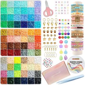 LIS HEGENSA 72Colors 10000Pcs Clay Bead Bracelet Making Kit, Crafts Polymer Heishi Beads with Charm and Elastic Strings, Preppy Padded Flat Bead Jewelry Making kit Gift for Teen Girls (10000PCS)