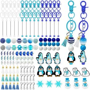 HEYUNG 15 Sets Christmas Beadable Keychain Bars, Winter Beaded DIY Keychain with Blue Acrylic Beads and Tassels Snowflake Beaded DIY Keychains Rings for Women Men Student Craft Supplies