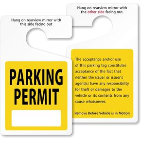 (Pack of 50) 5 x 3 inch Standard “Parking Permit" Write-on Rearview Mirror Hang Tags, 35 mil Plastic, Yellow and White, Made in USA