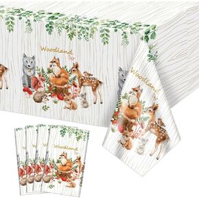 4 Pack Woodland Tablecloths Animals Tablecloth Rectangular Woodland Table Covers for Boy Girl Woodland Animals Baby Shower Decorations, 86 x 51 Inch