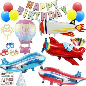 Aircraft Party Supplies - Birthday Party Decorations for Children,Contain a Aircraft Banner,5 Foil Balloons,6 Latex Balloons,a Acrylic Golden Cake Topper ,Great for Children Birthday Party