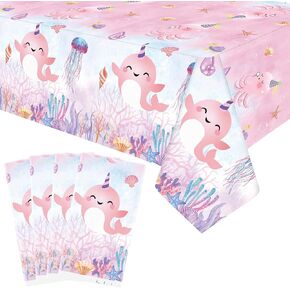 4 Pieces Pink Underwater World Tablecloth Decoration, Cute Sea Animal Theme Tablecloth, Rectangle Pink Undersea Table Cover for Girls Birthday Party - 87 x 51 Inch