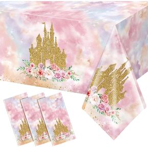 3 Pack Princess Tablecloths Birthday Decorations,Plastic Pink Rose Castle Table Cloth for Parties,Disposable Rectangle Floral Table Cover for Baby Shower Girls Birthday Party Supplies,54x108 Inch