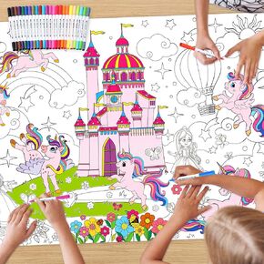 Unicorn Coloring Poster with 24 Watercolor Markers 43.3 x 31.5 Inch Giant Coloring Poster Jumbo Cute Unicorn Coloring Table Cover for Kids Craft Unicorn Birthday Party Favors Supplies