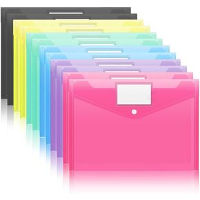 12 Pack Plastic Envelopes Poly Envelopes with Snap Closure, Colored File Folders Letter A4 Size, File Envelopes with Label Pocket for Home Work Office Organization (12)