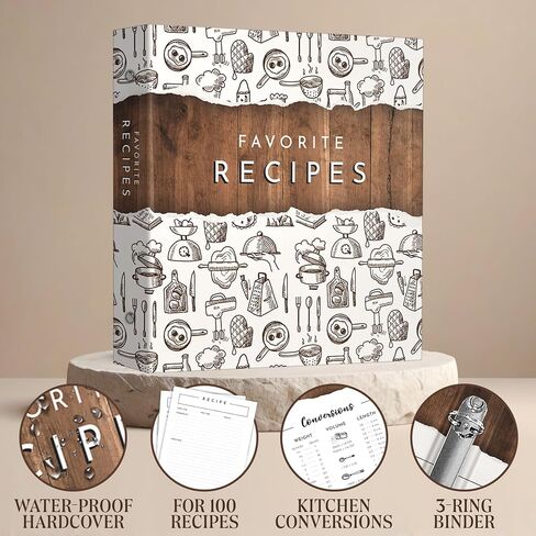Modern 3-Ring Recipe Binder with 100 Full Recipe & Protective Pages – 12 Dividers, 11.5 x 12 Brown & White Design, Recipe Book for Own Recipes in Saudi Arabia