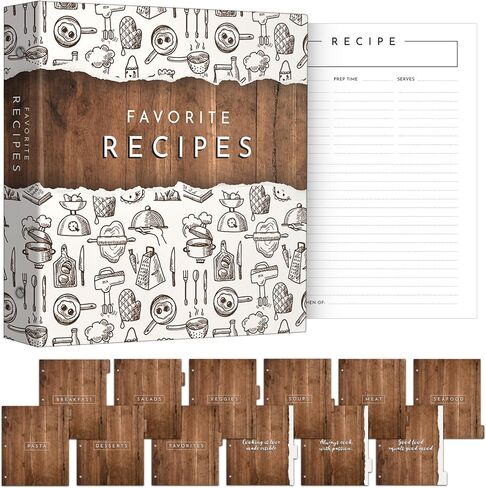 Modern 3-Ring Recipe Binder with 100 Full Recipe & Protective Pages – 12 Dividers, 11.5 x 12 Brown & White Design, Recipe Book for Own Recipes in Saudi Arabia