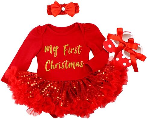 ODIZLI Infant Baby Girls Christmas Outfits Romper Dress + Bowknot Headband + Shoes 3PCS Outfits in Saudi Arabia