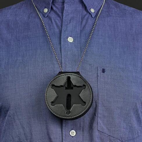 Perfect Fit 6 Point Star Badge Holder Illinois Sheriff Belt Clip Neck Chain Police Law Enforcement Black Leather (Cutout 229) in Kuwait
