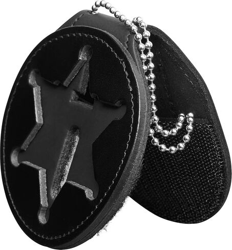 Perfect Fit 6 Point Star Badge Holder Illinois Sheriff Belt Clip Neck Chain Police Law Enforcement Black Leather (Cutout 229) in Kuwait
