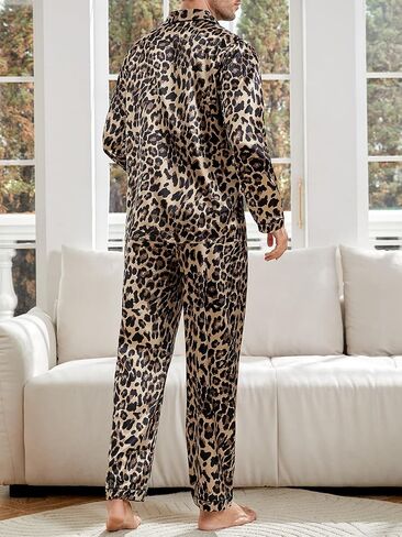 WDIRARA Men's Satin Leopard Lapel Neck Button Down Long Sleeve Top and Pants 2 Piece Pajama Set in Saudi Arabia
