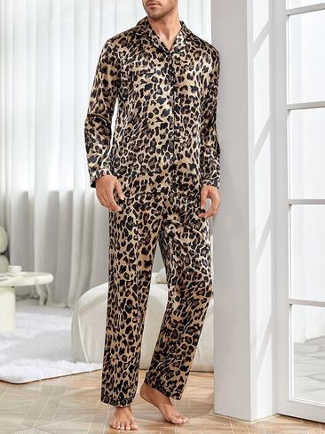 WDIRARA Men's Satin Leopard Lapel Neck Button Down Long Sleeve Top and Pants 2 Piece Pajama Set in Saudi Arabia