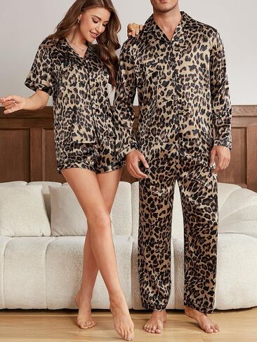 WDIRARA Men's Satin Leopard Lapel Neck Button Down Long Sleeve Top and Pants 2 Piece Pajama Set in Saudi Arabia