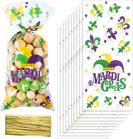 100 Pieces Mardi Gras Treat Bags, Carnival Theme Cellophane Candy Bags Multicolored Goodie Favor Bags with 100 Gold Twist Ties for Cookie Candy Cake, New Orleans Masquerade Party Supplies in Saudi Arabia