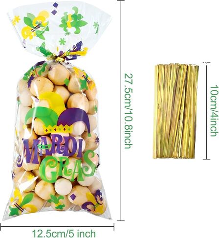 100 Pieces Mardi Gras Treat Bags, Carnival Theme Cellophane Candy Bags Multicolored Goodie Favor Bags with 100 Gold Twist Ties for Cookie Candy Cake, New Orleans Masquerade Party Supplies in Saudi Arabia