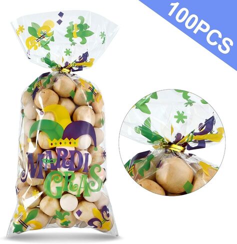 100 Pieces Mardi Gras Treat Bags, Carnival Theme Cellophane Candy Bags Multicolored Goodie Favor Bags with 100 Gold Twist Ties for Cookie Candy Cake, New Orleans Masquerade Party Supplies in Saudi Arabia