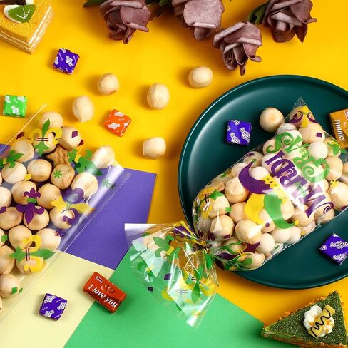 100 Pieces Mardi Gras Treat Bags, Carnival Theme Cellophane Candy Bags Multicolored Goodie Favor Bags with 100 Gold Twist Ties for Cookie Candy Cake, New Orleans Masquerade Party Supplies in Saudi Arabia