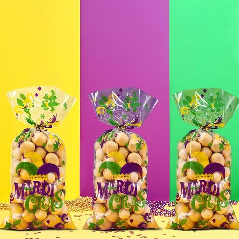 100 Pieces Mardi Gras Treat Bags, Carnival Theme Cellophane Candy Bags Multicolored Goodie Favor Bags with 100 Gold Twist Ties for Cookie Candy Cake, New Orleans Masquerade Party Supplies in Saudi Arabia