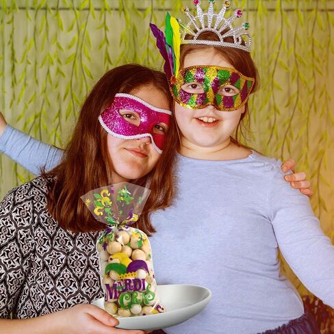 100 Pieces Mardi Gras Treat Bags, Carnival Theme Cellophane Candy Bags Multicolored Goodie Favor Bags with 100 Gold Twist Ties for Cookie Candy Cake, New Orleans Masquerade Party Supplies in Saudi Arabia