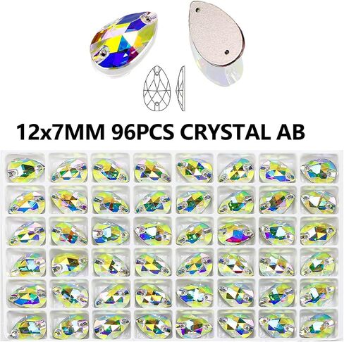 Sew On Rhinestone, AB Faceted Drop Shape Sewing Beads Crystal Sew Flat-Back Glass Rhinestones Crystal Gems Dress Accessories for Costume, Clothes, Garments, DIY Crafts 12 * 7 in Saudi Arabia