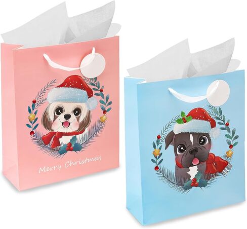 Dog Gift Bags (Medium, 13"x10"x4", Blue, Pink) - 2 Pack Christmas Sturdy Paper Gift Bags with Tissue Paper, Tag, and Handle - Holiday Puppy Dogs Design - Ideal for Party Favors and Gifting this Christmas Holiday Season in Saudi Arabia