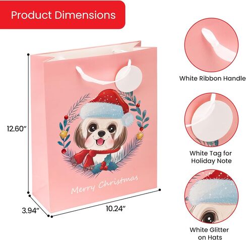 Dog Gift Bags (Medium, 13"x10"x4", Blue, Pink) - 2 Pack Christmas Sturdy Paper Gift Bags with Tissue Paper, Tag, and Handle - Holiday Puppy Dogs Design - Ideal for Party Favors and Gifting this Christmas Holiday Season in Saudi Arabia