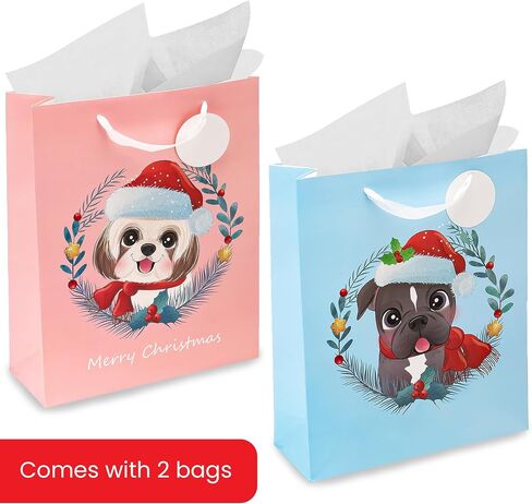 Dog Gift Bags (Medium, 13"x10"x4", Blue, Pink) - 2 Pack Christmas Sturdy Paper Gift Bags with Tissue Paper, Tag, and Handle - Holiday Puppy Dogs Design - Ideal for Party Favors and Gifting this Christmas Holiday Season in Saudi Arabia