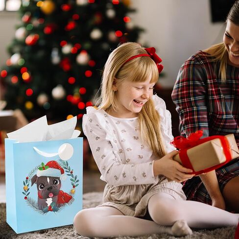 Dog Gift Bags (Medium, 13"x10"x4", Blue, Pink) - 2 Pack Christmas Sturdy Paper Gift Bags with Tissue Paper, Tag, and Handle - Holiday Puppy Dogs Design - Ideal for Party Favors and Gifting this Christmas Holiday Season in Saudi Arabia