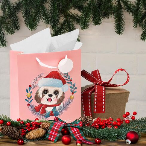 Dog Gift Bags (Medium, 13"x10"x4", Blue, Pink) - 2 Pack Christmas Sturdy Paper Gift Bags with Tissue Paper, Tag, and Handle - Holiday Puppy Dogs Design - Ideal for Party Favors and Gifting this Christmas Holiday Season in Saudi Arabia
