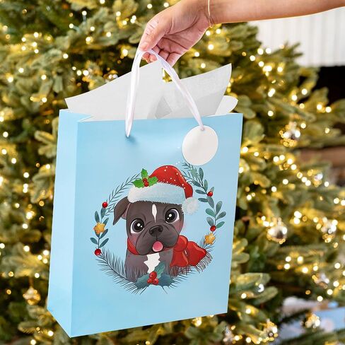 Dog Gift Bags (Medium, 13"x10"x4", Blue, Pink) - 2 Pack Christmas Sturdy Paper Gift Bags with Tissue Paper, Tag, and Handle - Holiday Puppy Dogs Design - Ideal for Party Favors and Gifting this Christmas Holiday Season in Saudi Arabia