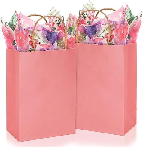 JarThenaAMCS 24Pcs Vintage Blue Kraft Paper Bags with 30 Sheet Floral Tissue Paper Solid Color Gift Bags with Handles Candy Treat Bags for Birthday Baby Shower Party DIY Crafts in Saudi Arabia