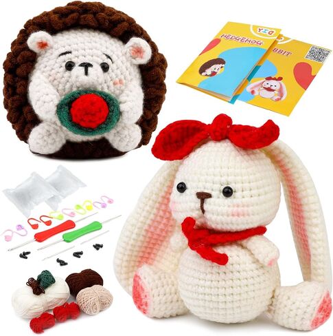 2 Set Crochet Kits, DIY Crochet Kit For Beginners, Cute Animal Kit Hedgehog and Rabbit Starter Pack With Yarn Balls, Crochet Hooks, Stitch Markers, Needles, Instruction, Accessories Kit for Beginners in Saudi Arabia