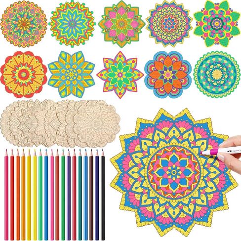 Vercraft 28 Pcs Wooden Mandala Painting Set 10 Unfinished Wood Cutouts with 18 Colored Pencil for Making Kit Mandala Crafts for Painting DIY Crafts Home Decors(Classic Style) in Kuwait
