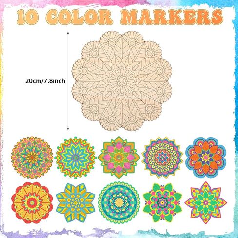 Vercraft 28 Pcs Wooden Mandala Painting Set 10 Unfinished Wood Cutouts with 18 Colored Pencil for Making Kit Mandala Crafts for Painting DIY Crafts Home Decors(Classic Style) in Kuwait