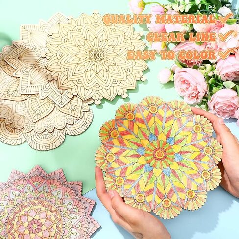Vercraft 28 Pcs Wooden Mandala Painting Set 10 Unfinished Wood Cutouts with 18 Colored Pencil for Making Kit Mandala Crafts for Painting DIY Crafts Home Decors(Classic Style) in Kuwait