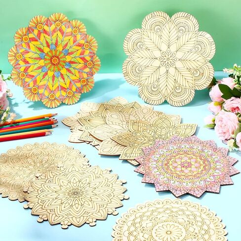 Vercraft 28 Pcs Wooden Mandala Painting Set 10 Unfinished Wood Cutouts with 18 Colored Pencil for Making Kit Mandala Crafts for Painting DIY Crafts Home Decors(Classic Style) in Kuwait