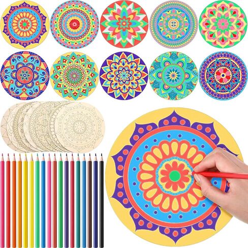 Vercraft 28 Pcs Wooden Mandala Painting Set 10 Unfinished Wood Cutouts with 18 Colored Pencil for Making Kit Mandala Crafts for Painting DIY Crafts Home Decors(Classic Style) in Kuwait