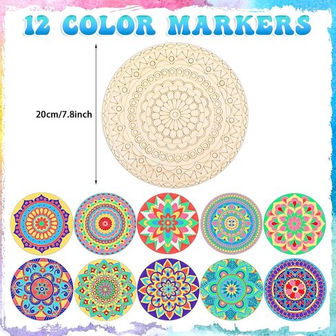 Vercraft 28 Pcs Wooden Mandala Painting Set 10 Unfinished Wood Cutouts with 18 Colored Pencil for Making Kit Mandala Crafts for Painting DIY Crafts Home Decors(Classic Style) in Kuwait