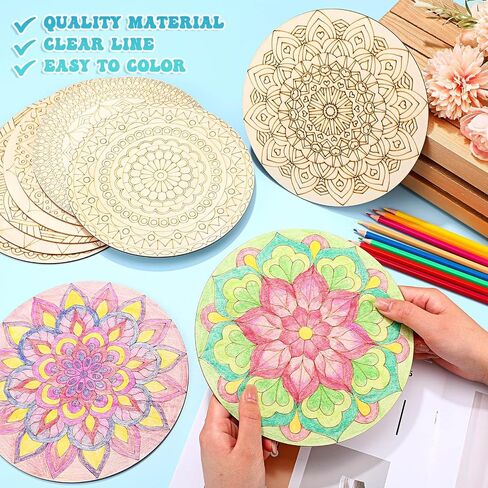Vercraft 28 Pcs Wooden Mandala Painting Set 10 Unfinished Wood Cutouts with 18 Colored Pencil for Making Kit Mandala Crafts for Painting DIY Crafts Home Decors(Classic Style) in Kuwait